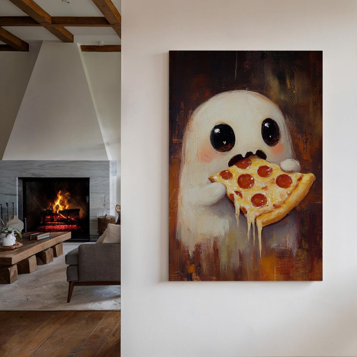 Ghost Eating Pizza Whimsical Halloween Wall Art Spooky Foodie Funny Ghost Poster Cute Ghost And Pizza Lover Artwork For Decor - Image 7