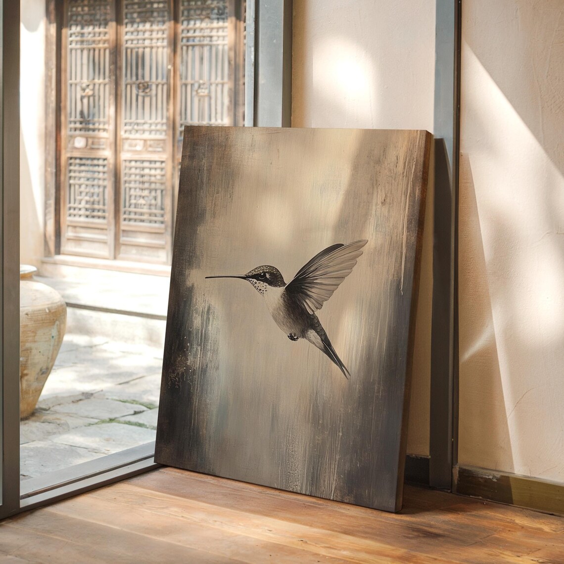 Hummingbird Minimalist Nature Art Print, Neutral Tones