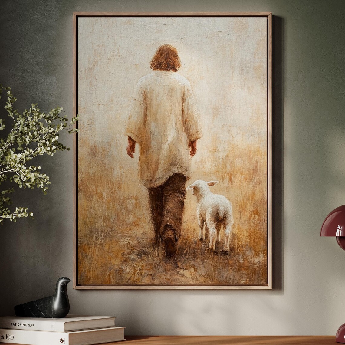 Jesus Walking Away Through a Golden Field With a Lamb Following Poster