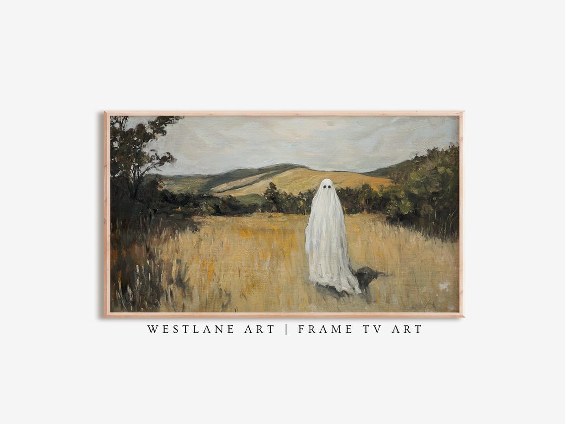 Cute Ghost In Autumn Field Halloween Spooky Landscape Poster