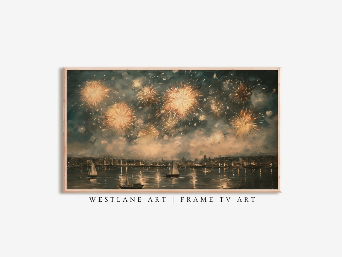 New Years Eve Golden Fireworks Over Harbor Night Sailboat Wall Art