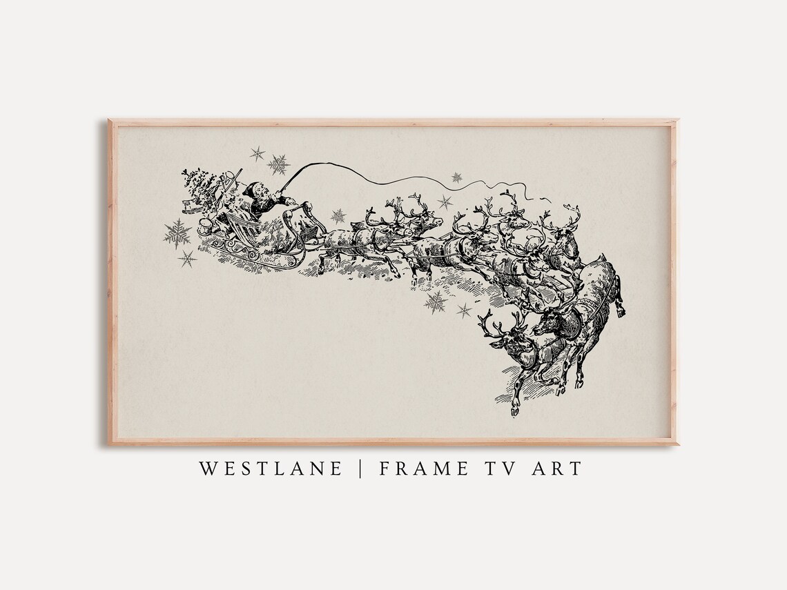 Vintage Santa Sleigh With Reindeer Team Christmas Engraving Art Poster