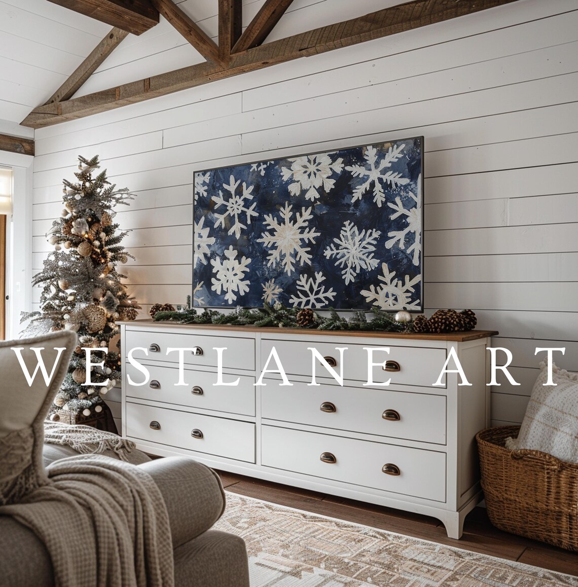 Navy Blue Snowflakes Farmhouse Winter Holiday Christmas Poster - Image 2