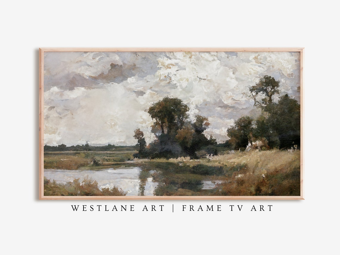 Vintage Rustic Pond Landscape Trees Dramatic Clouds Country Poster