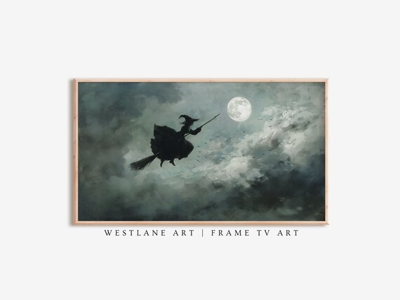 Witch On Broomstick Moonlit Cloudy Night Sky Vintage Halloween Wall Art