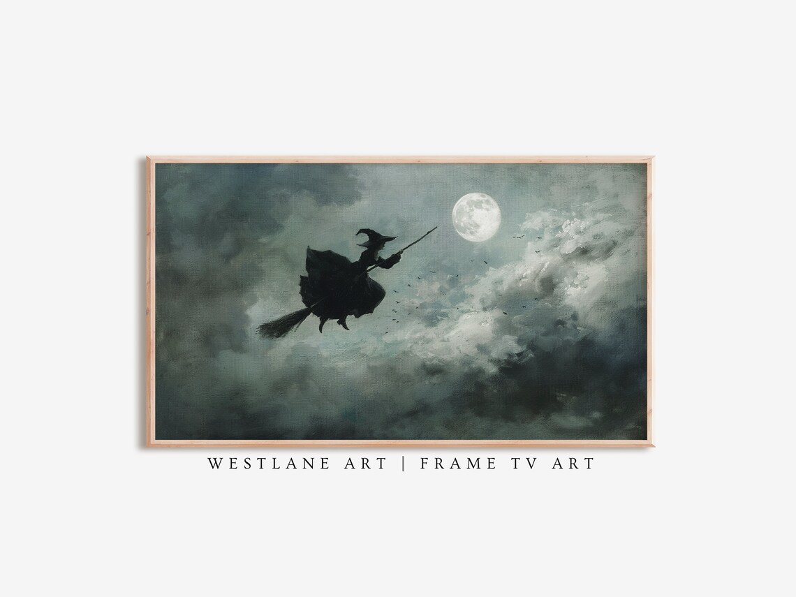 Witch On Broomstick Moonlit Cloudy Night Sky Vintage Halloween Wall Art