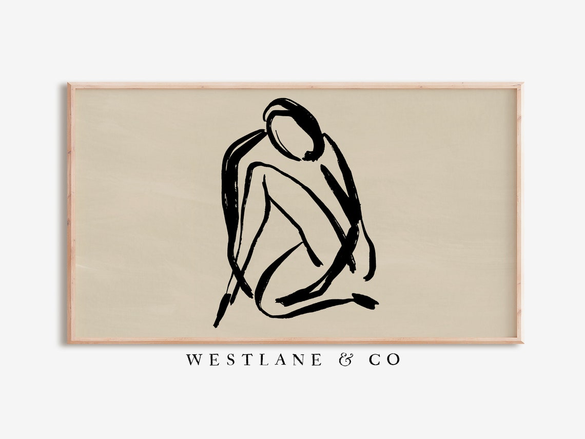 Female Figure Line Art Crouching Sketch Minimalist Neutral Wall Art