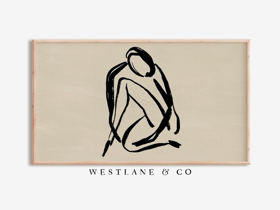 Female Figure Line Art Crouching Sketch Minimalist Neutral Wall Art