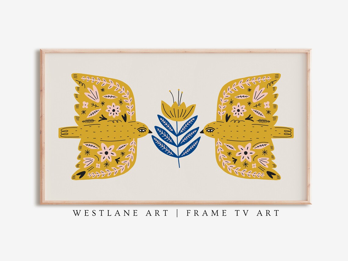 Modern Scandinavian Yellow Birds Mirrored Folk Art Pair Wall Art