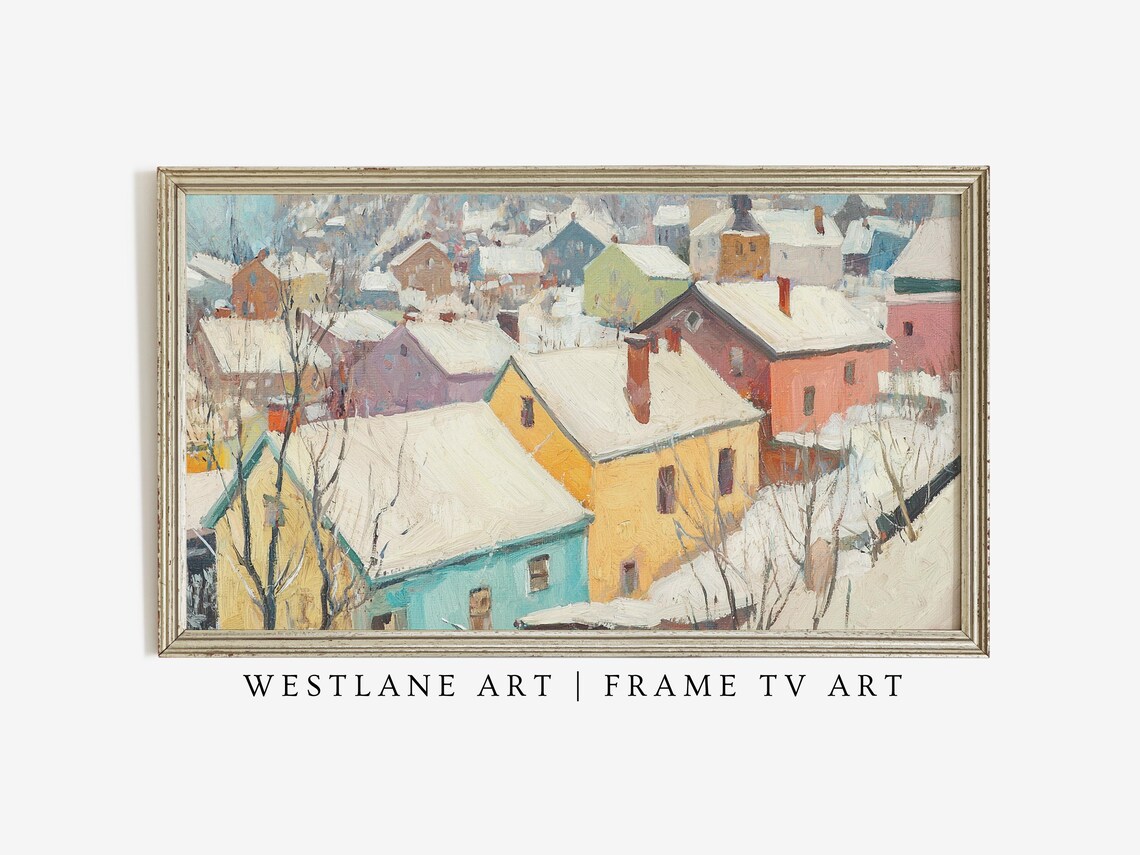 Colorful Winter Village Rooftops Painting Snowy Town Scene Art Print - Image 3