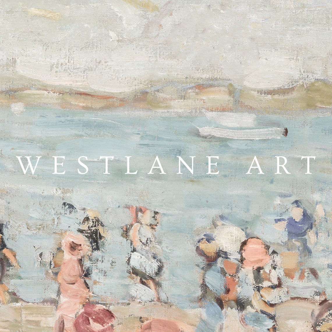 Vintage Impressionist Beach Crowd Pastel Summer Scene Wall Art - Image 2