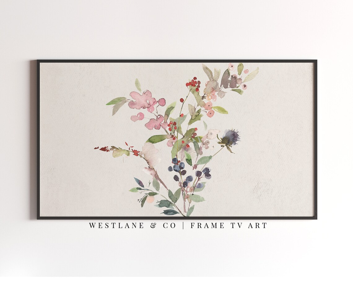 Pink Blossom Berry Thistle Watercolor Neutral Botanical Wall Art