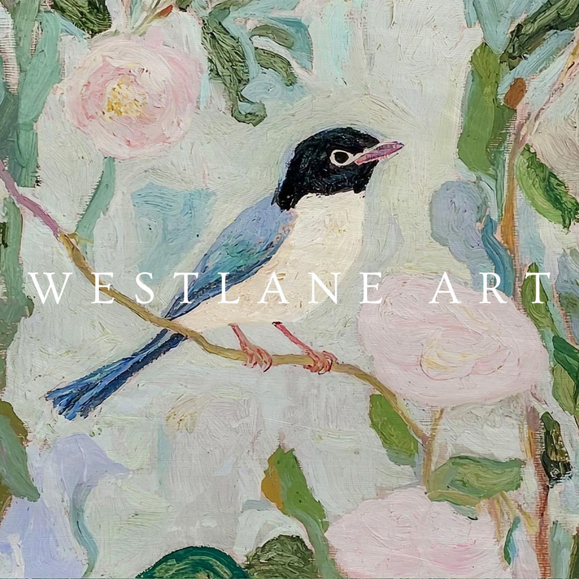 Blue Bird Perched Branch Painting Pink Roses Cottage Garden Art Print - Image 2