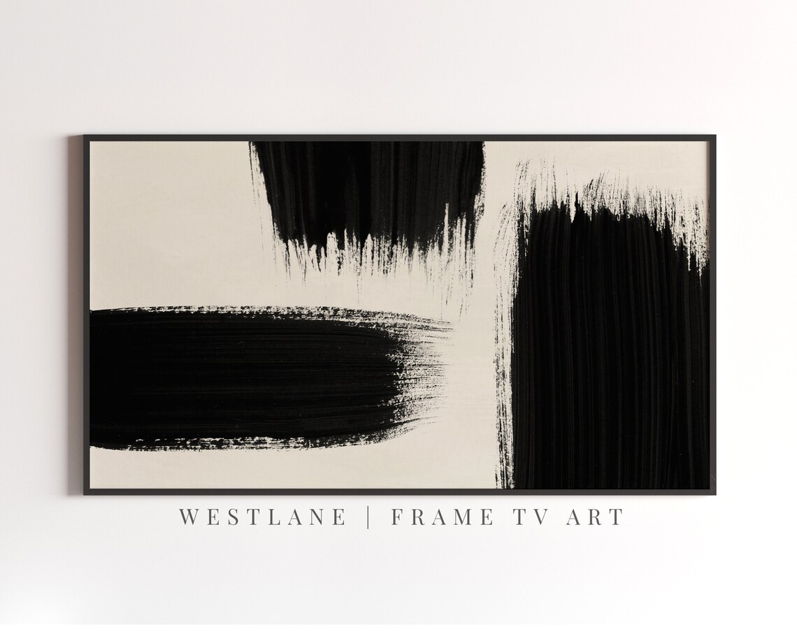 Modern Abstract TV Art, Neutral Black Paint Strokes