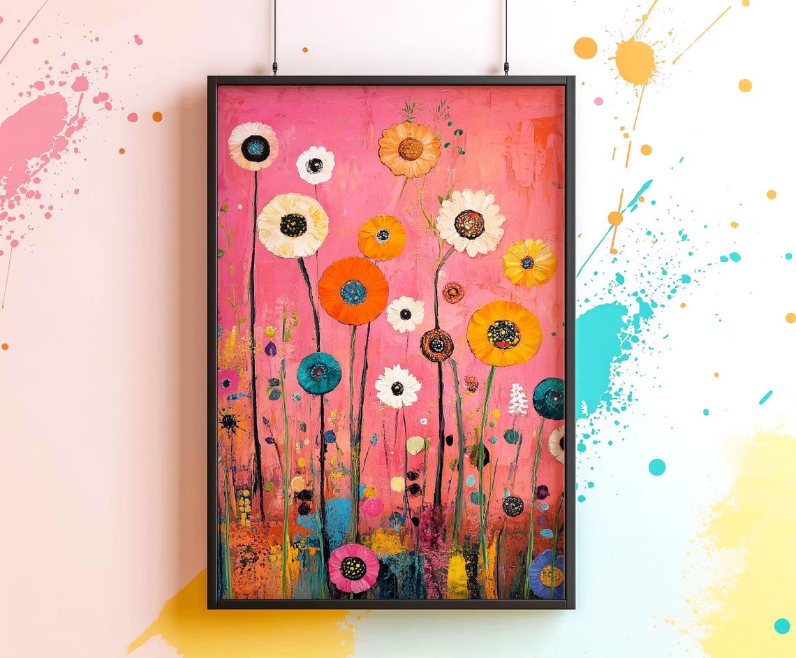 Colorful Abstract Flower Meadow Painted Blooms on Pink Poster