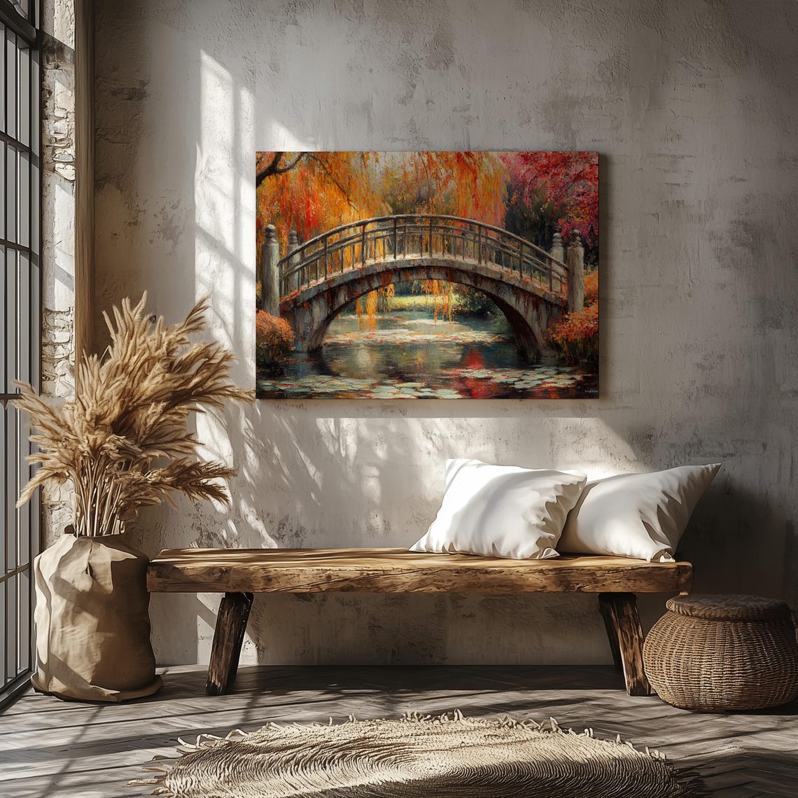 Autumn Willow Stone Arch Bridge Over Lily Pond Garden Art Poster - Image 3