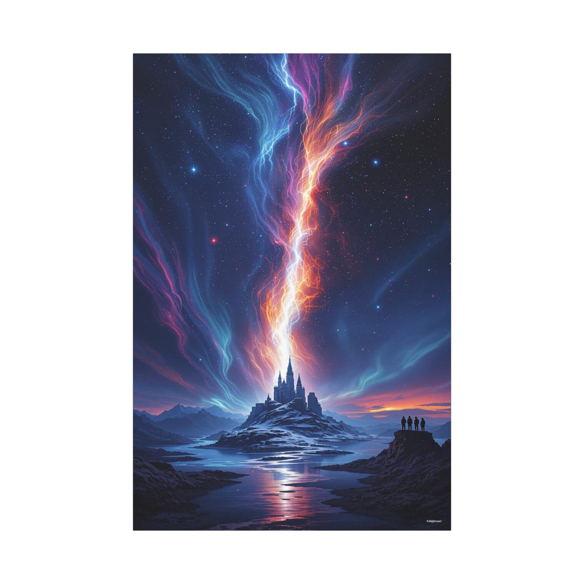 Fantasy Night Sky Aurora Island Castle Lake Reflection Art Print - Image 3