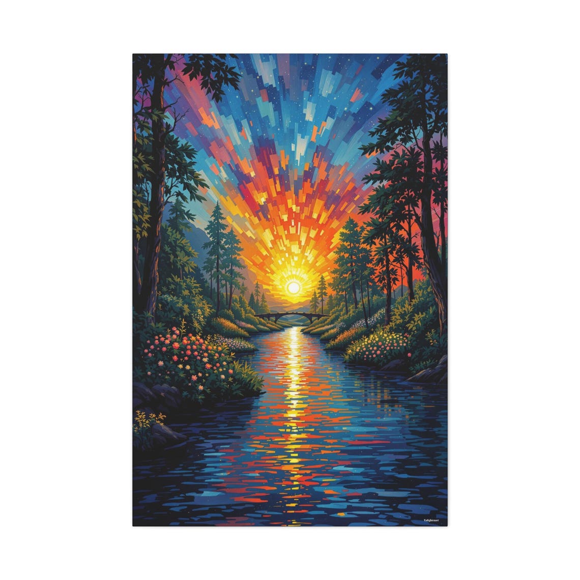 Vibrant Mosaic Sunset River Forest Colorful Pixel Art Style Art Print - Image 3