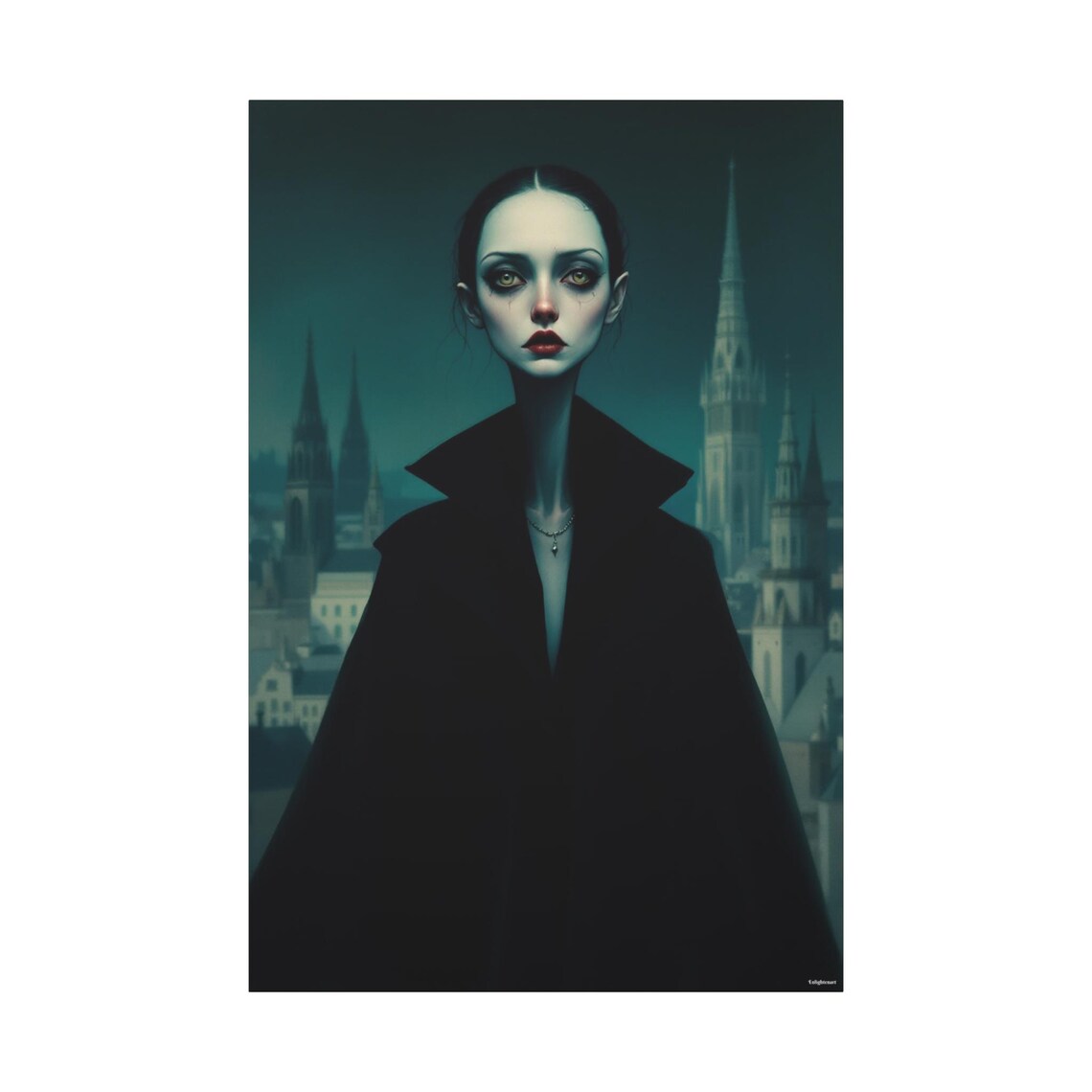 Pale Gothic Woman In A Black Cloak Before Cathedral Spires At Dusk Poster - Image 3