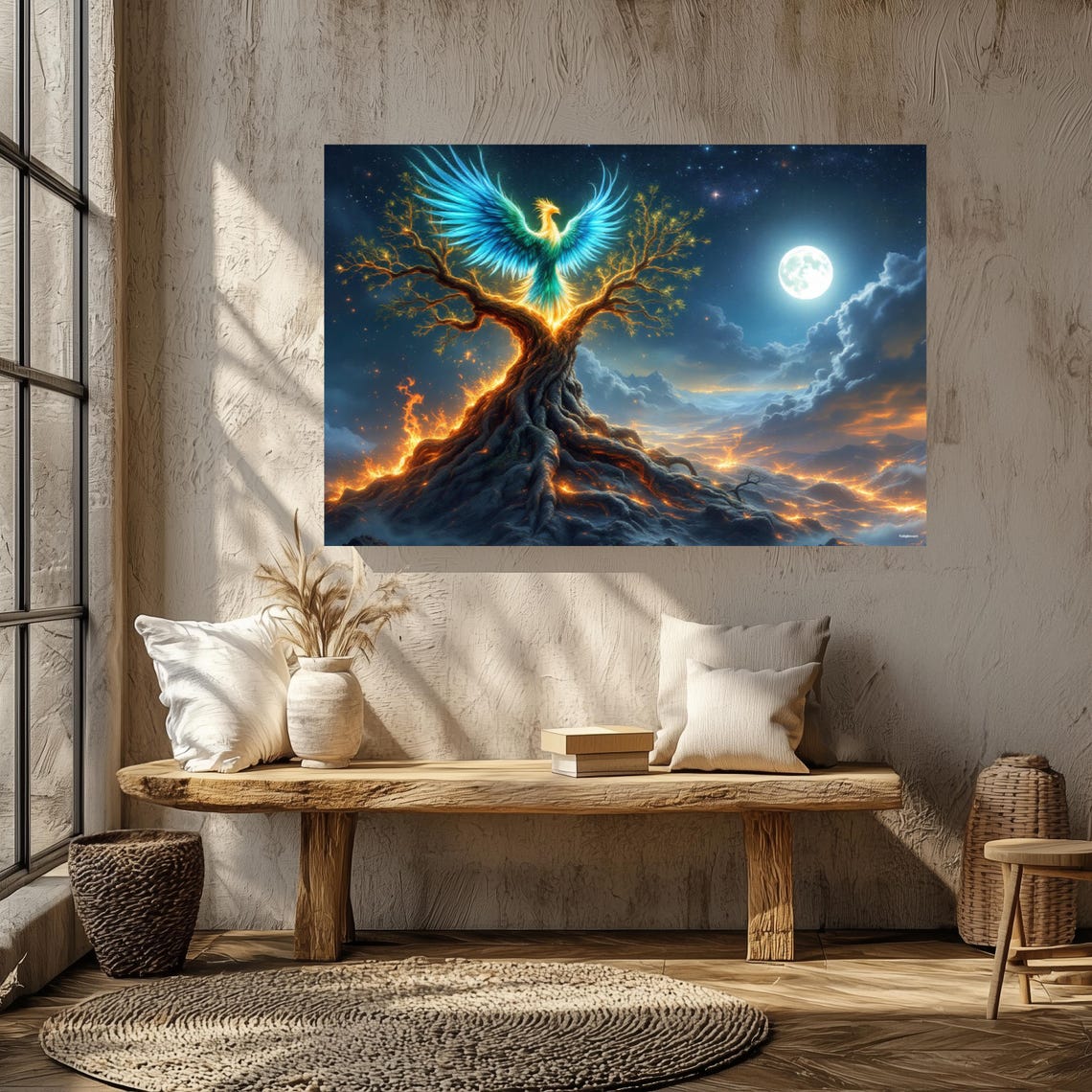 Phoenix Rising Flaming Tree Night Moon Fantasy Mythical Art Poster