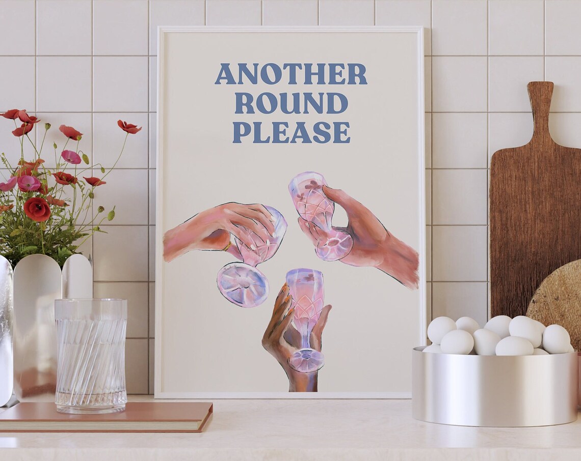 Another Round Please Cocktail Cheers Blue Typography Bar Cart Poster