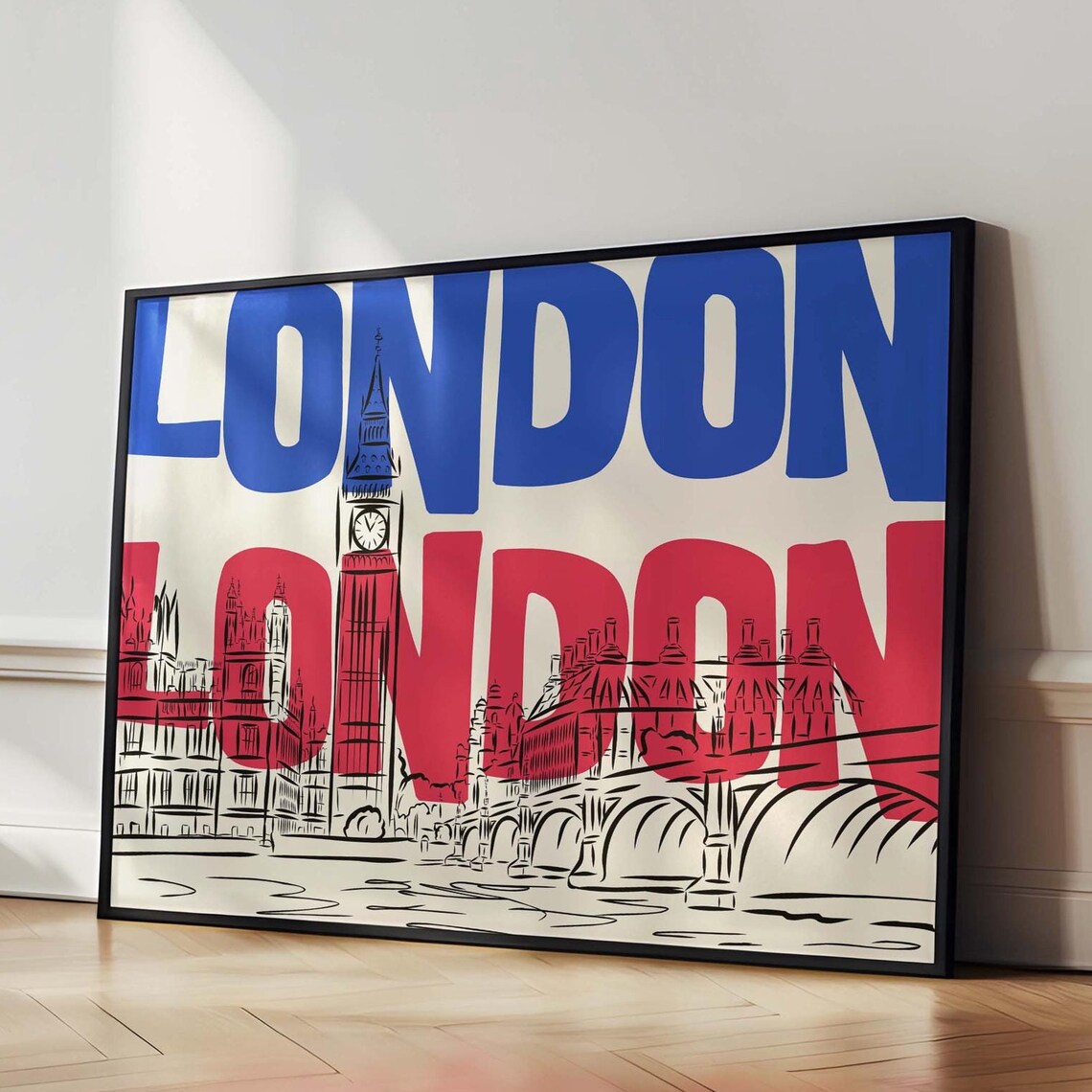 London Typography Poster Big Ben Westminster In Bold Blue Red