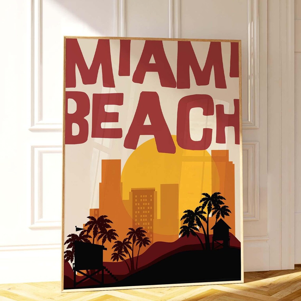 Miami Beach Retro Sunset Palm Trees Skyline Vintage Travel Art Poster