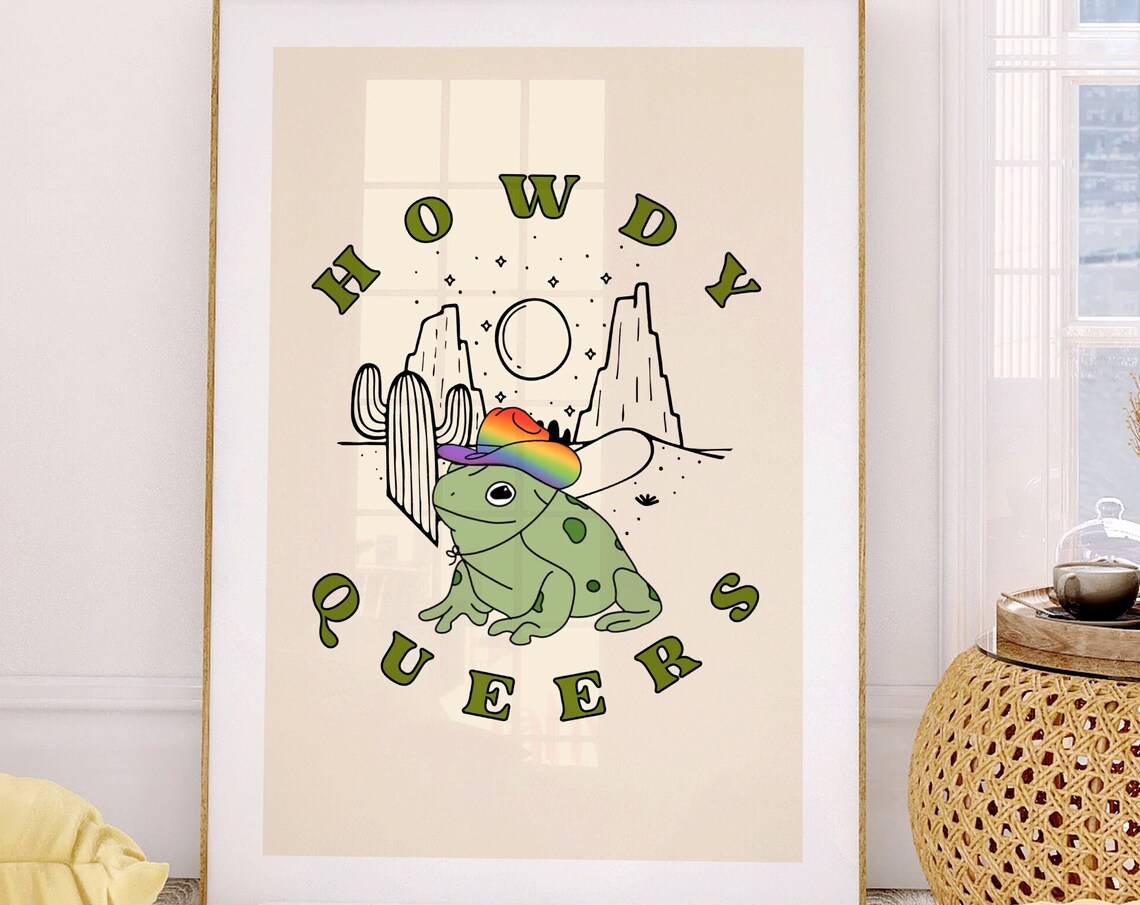Howdy Queers Rainbow Cowboy Frog Pride Western Desert Poster - Image 3