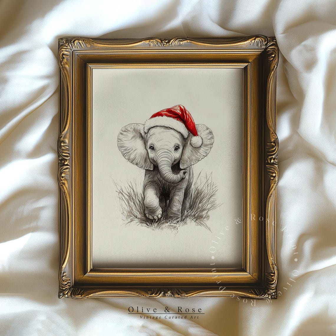 Cute Baby Elephant With Santa Hat Sketch Neutral Christmas Nursery Decor Winter Wall Art Vintage Elephant Drawing Print