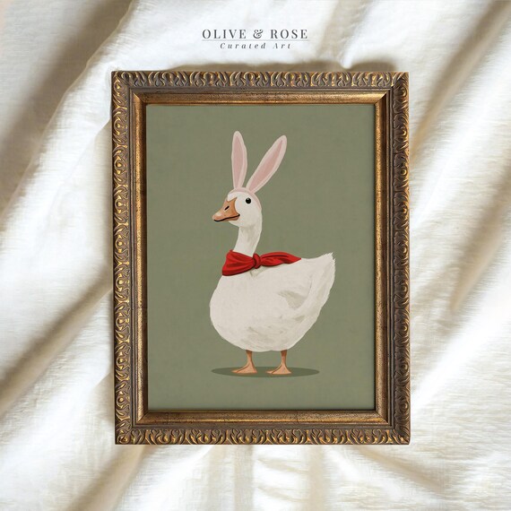 Funny White Goose With Pink Bunny Ears Red Bow Sage Green Nursery Wall Art