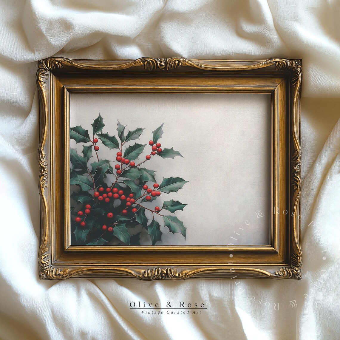 Holly Sprig With Red Berries Antique Botanical Christmas Wall Art