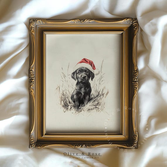 Black Puppy In Santa Hat Sketch Print Vintage Christmas Art Cute Baby Dog Drawing Neutral Animal Nursery Xmas Decor