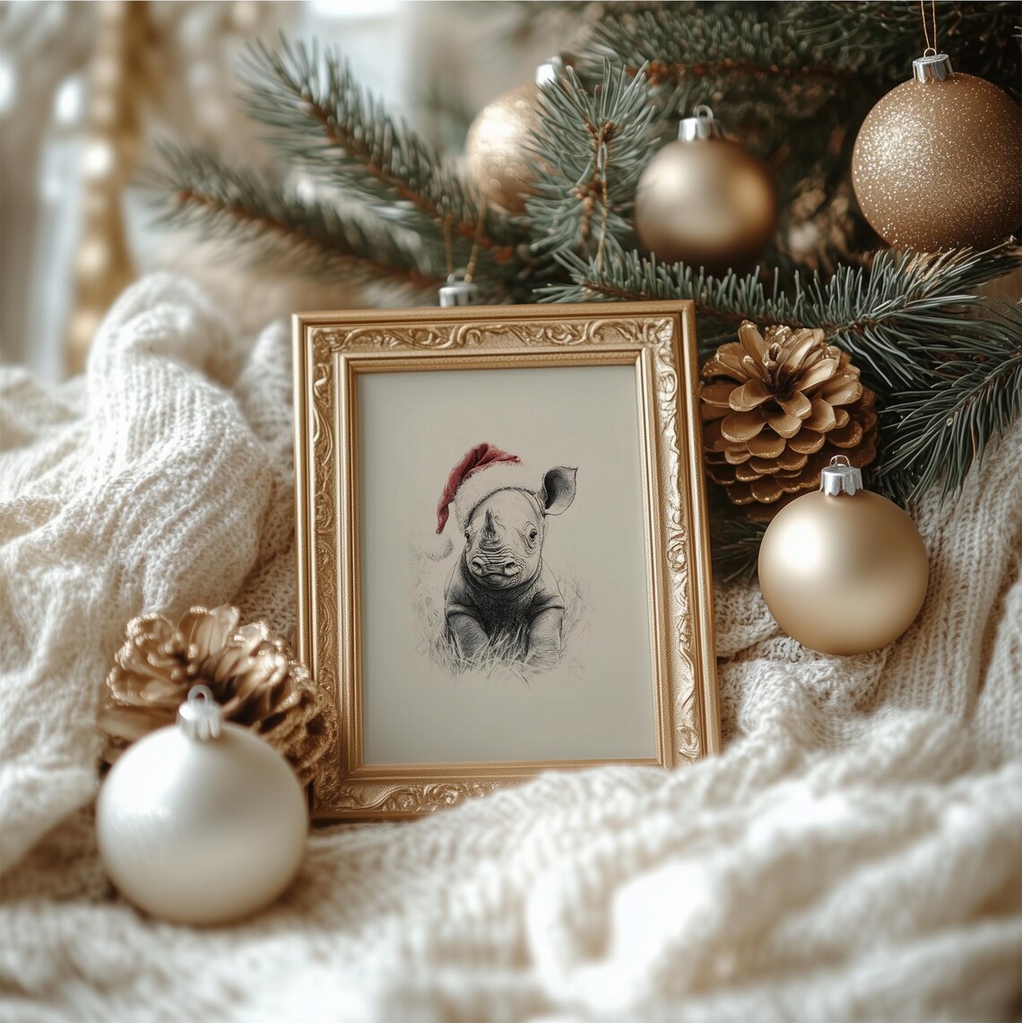 Cute Baby Rhino In Santa Hat Sketch Vintage Christmas Nursery Poster - Image 3