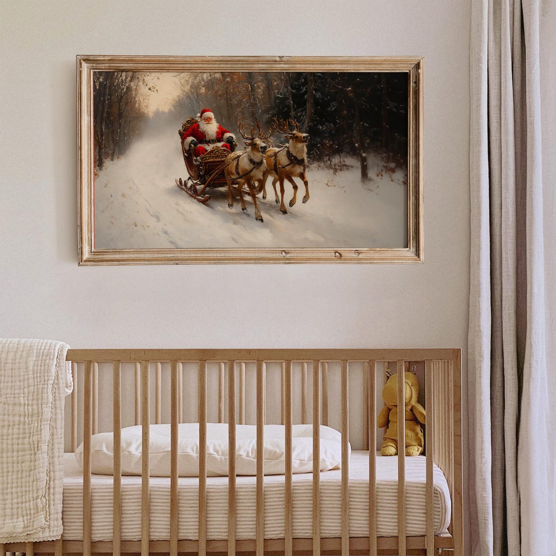 Vintage Christmas Santa Claus Frame Tv Art Santa Riding Sleigh Oil Painting Frame Tv Xmas Wall Decor Holiday Festive Screensaver - Image 2