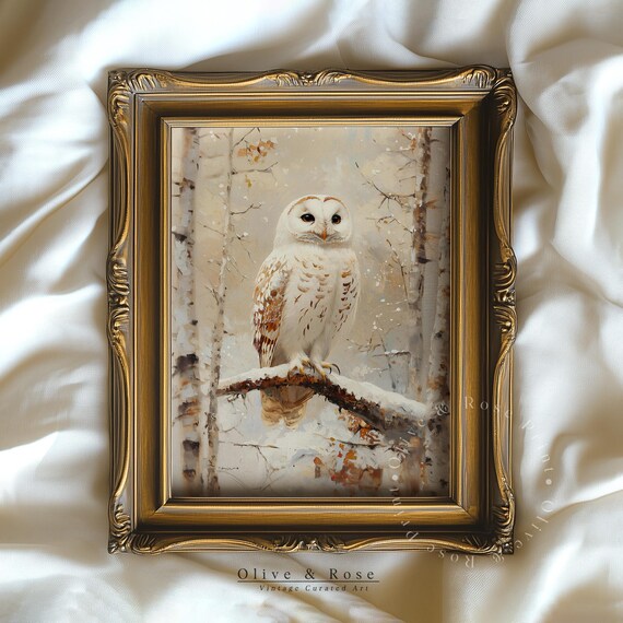 White Snowy Owl Winter Birch Forest Oil Painting Rustic Wall Art Poster
