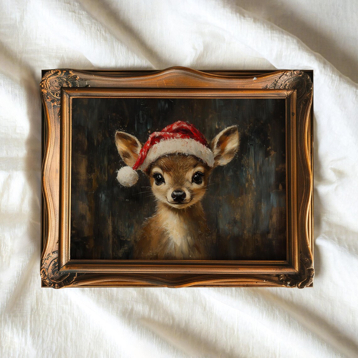 Cute Baby Deer Santa Hat Oil Painting Christmas Animal Wall Art Poster - Image 3