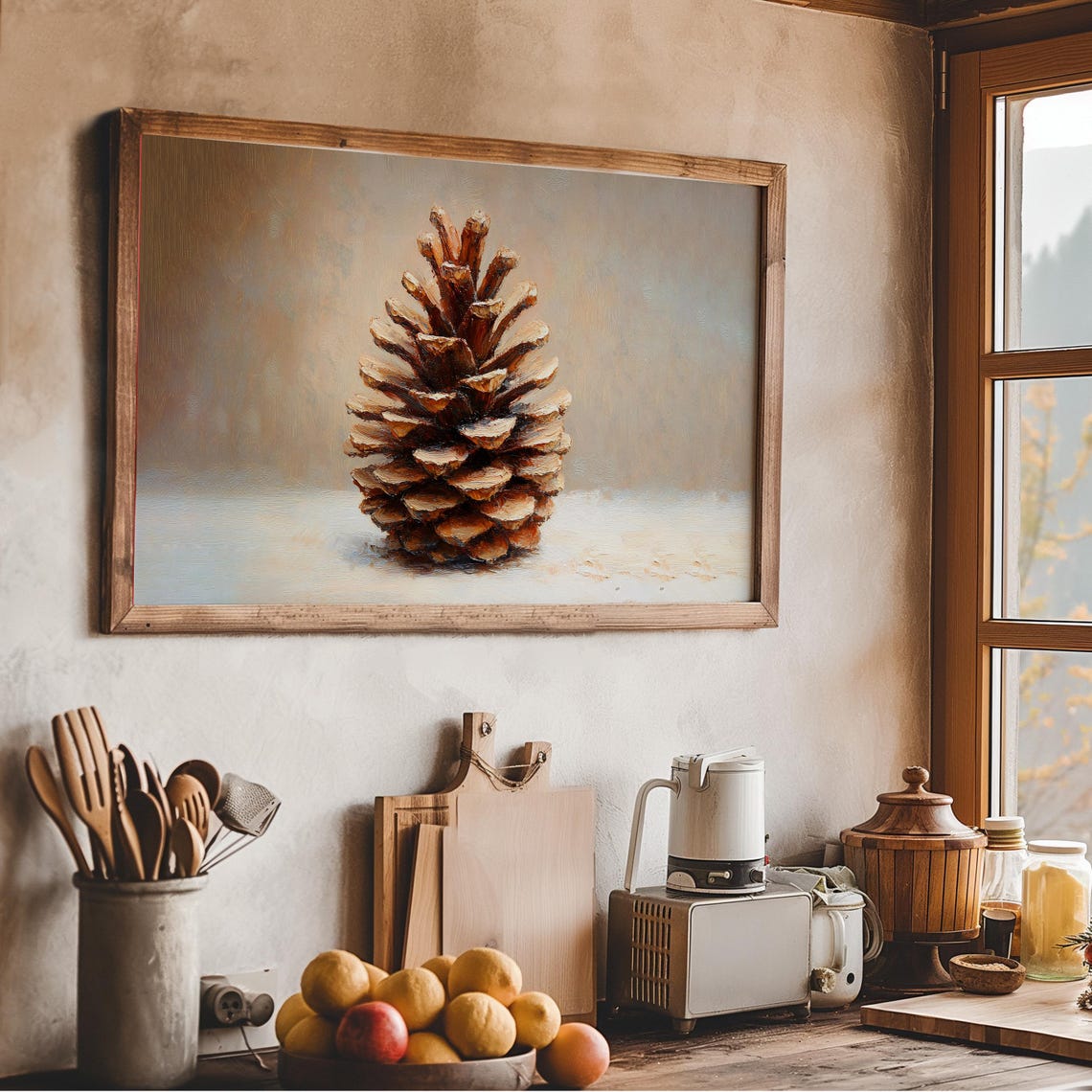 Single Pinecone Still Life Oil Painting Neutral Winter Wall Art Poster - Image 3
