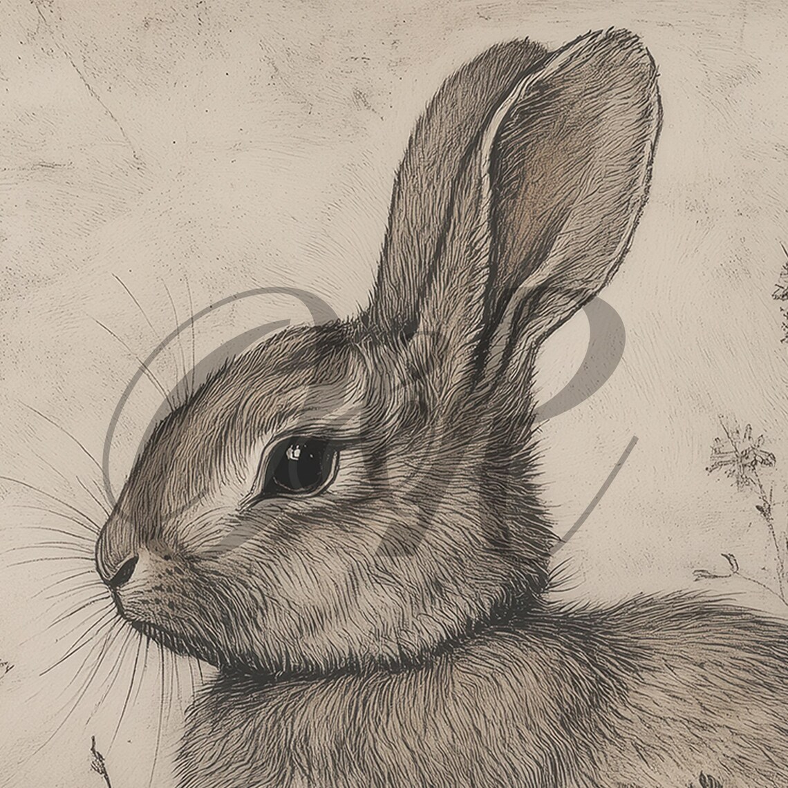 Bunny in Wildflower Meadow Pencil Sketch Neutral Vintage Nursery Wall Art - Image 5