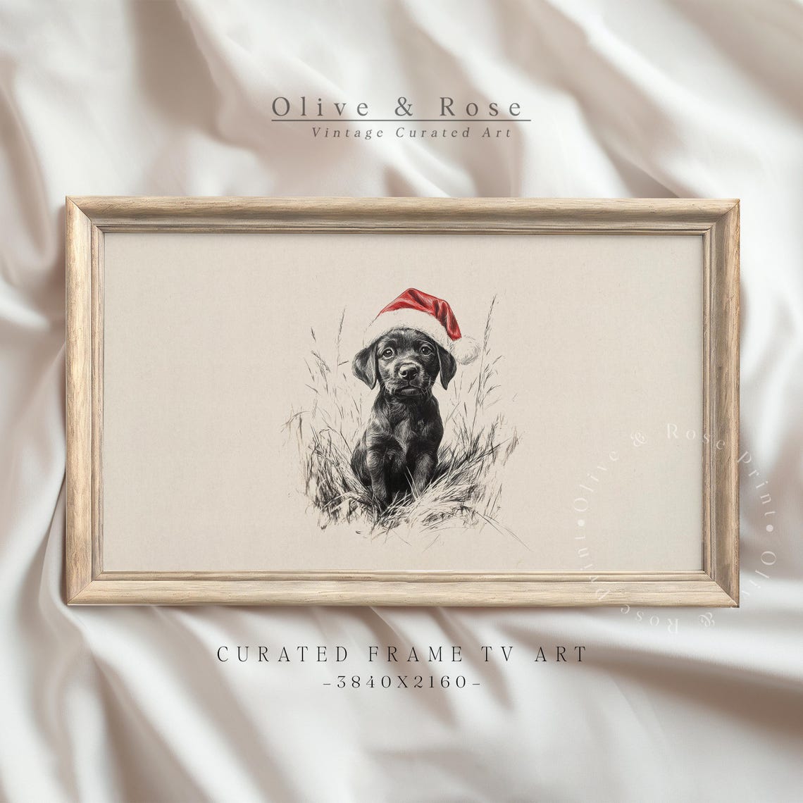 Black Puppy In Santa Hat Sketch Frame Tv Art Nursery Christmas Decor Cute Baby Dog Drawing Tv Art Vintage Animal Xmas Screensaver