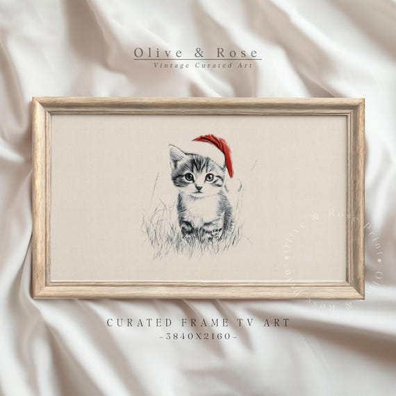 Vintage Kitten Santa Hat Sketch Frame Tv Art Neutral Christmas Nursery Holiday Decor Winter Frame Tv Cute Baby Cat Drawing