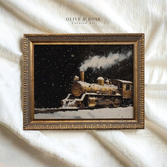 Vintage Gold Christmas Express Train Print Winter Landscape Wall Art Dark Moody Holiday Decor Snowy Railroad Prints