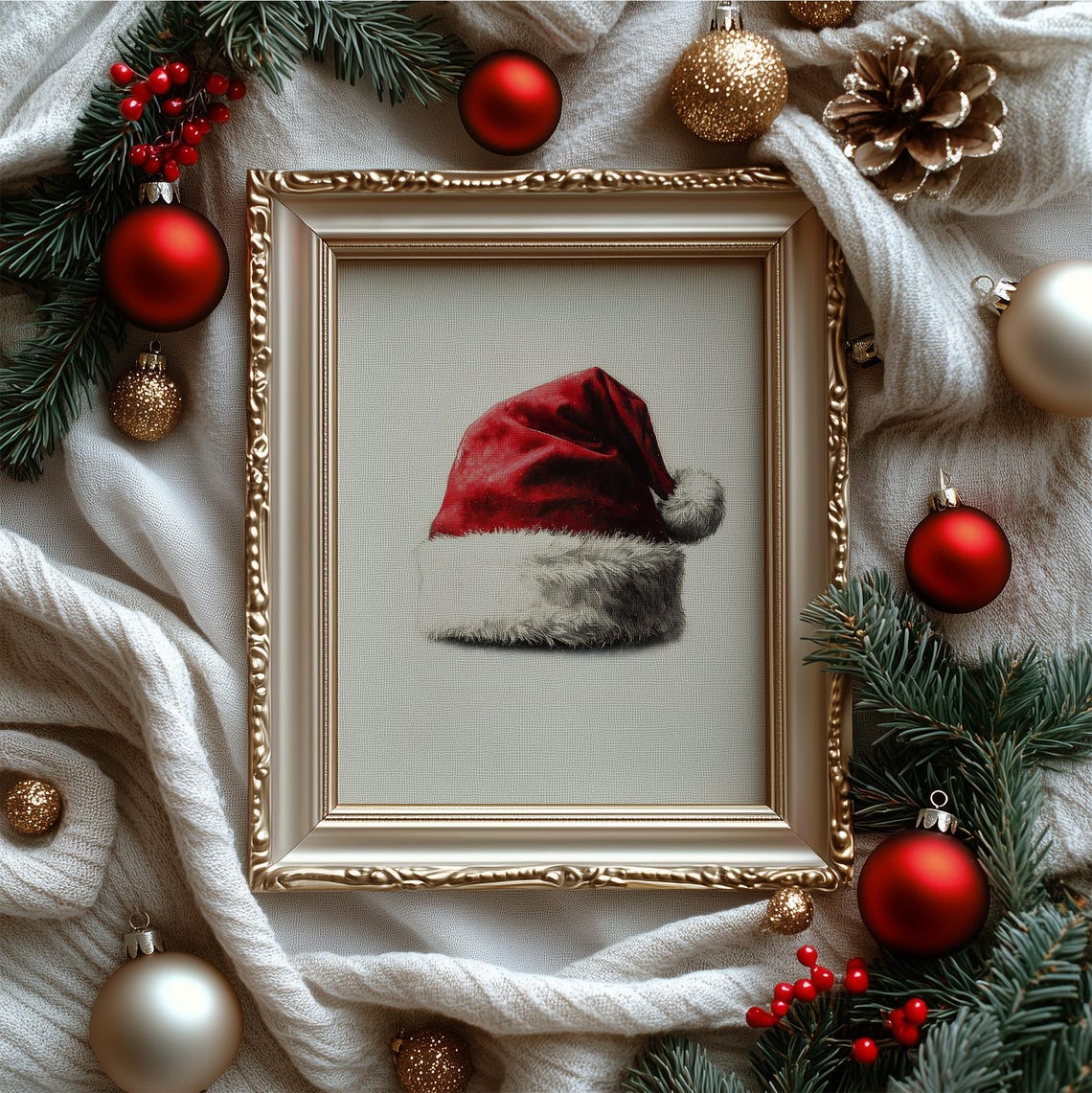 Vintage Santa Hat Sketch Minimal Neutral Christmas Art Print Poster - Image 4
