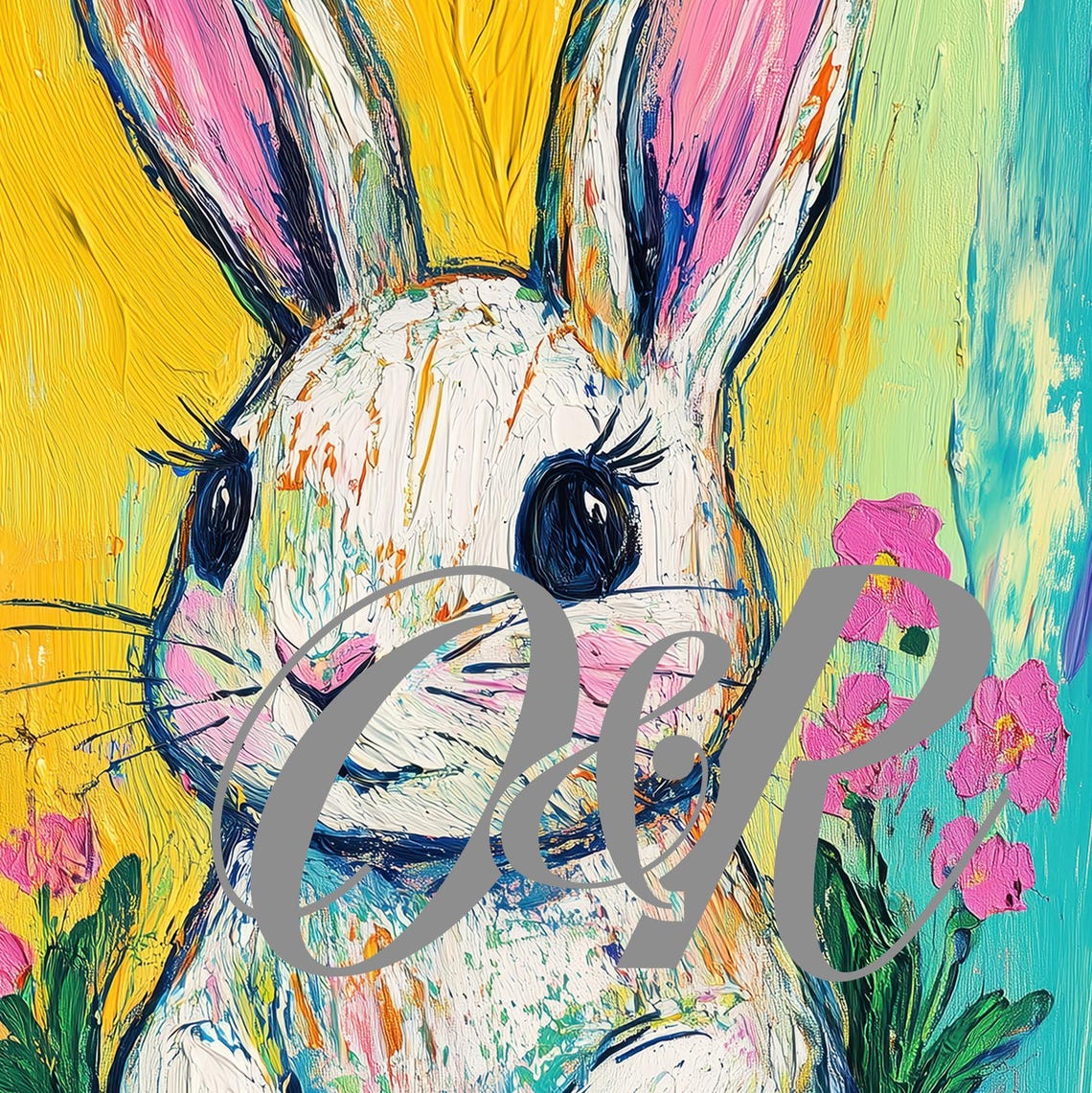Colorful Bunny in Flower Pot Yellow Teal Background Kids Room Wall Art - Image 5