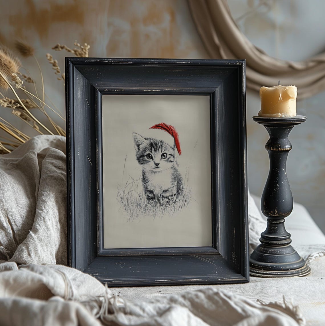 Cute Kitten With Santa Hat Sketch Print Neutral Christmas Nursery Wall Decor Vintage Winter Wall Art Cat Drawing Prints - Image 2