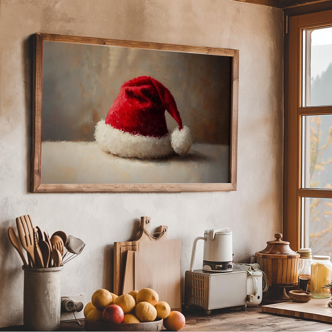 Red Santa Hat Still Life Oil Painting Vintage Christmas Art Wall Art - Image 3