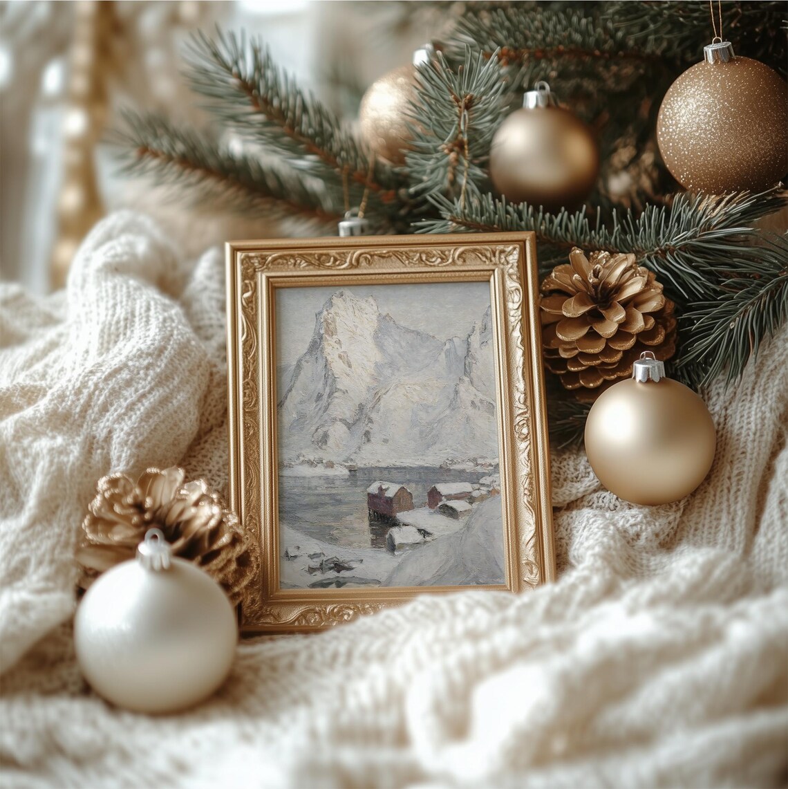 Snowy Nordic Fishing Village Mountain Fjord Winter Oil Painting Poster - Image 3