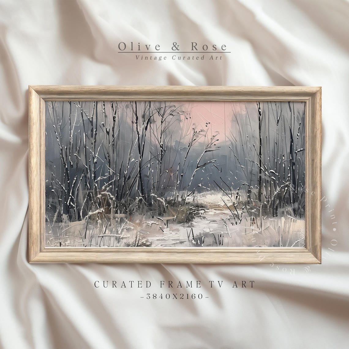 Misty Winter Forest Blush Pink Sky Minimalist Frame TV Art Poster