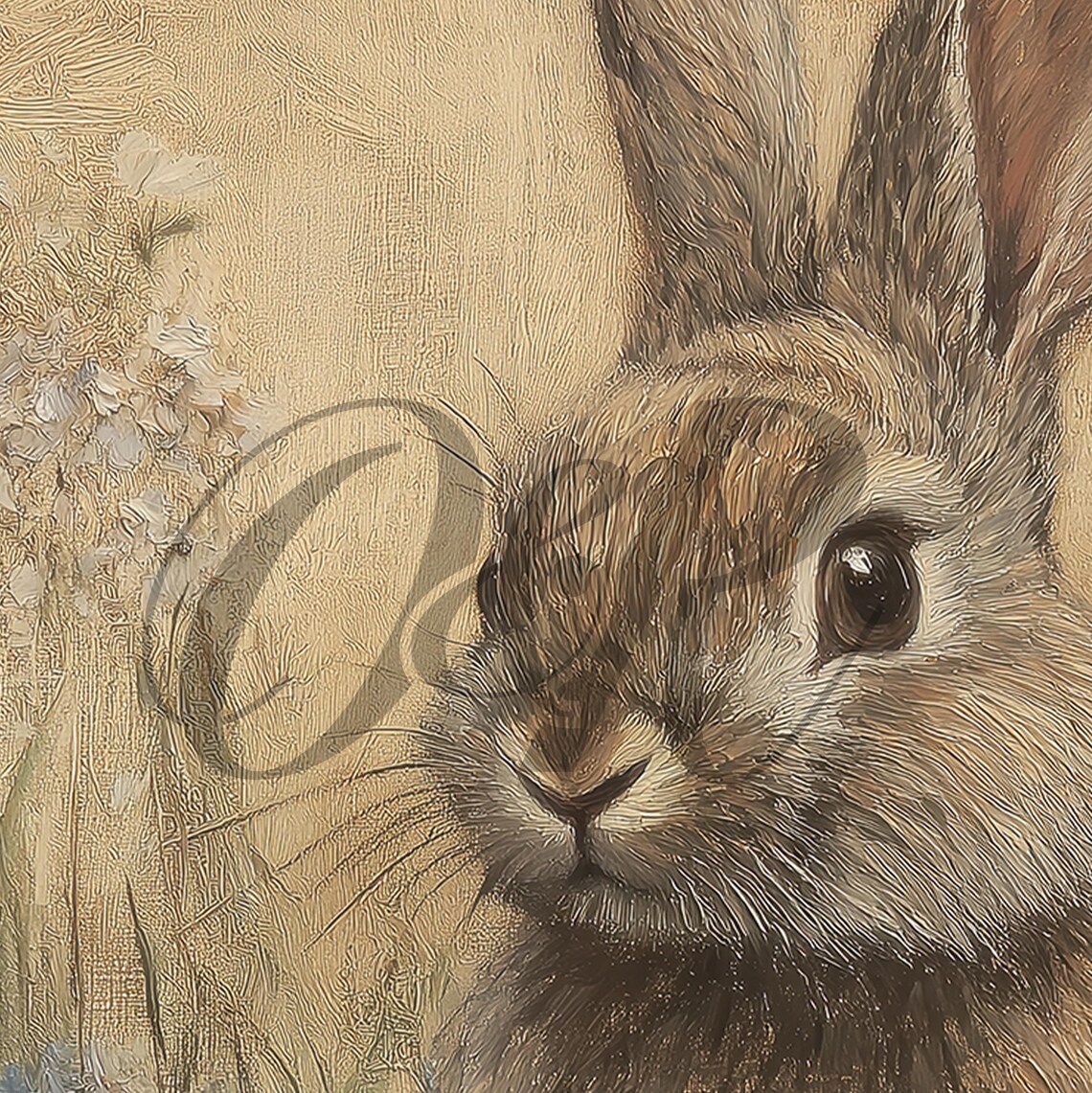 Brown Bunny Among Wildflowers Golden Impressionist Spring Nursery Wall Art - Image 5