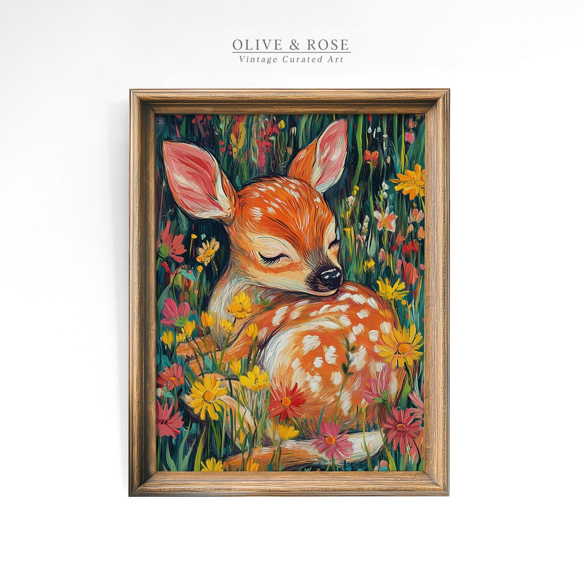 Sleeping Fawn Curled in Wildflower Meadow Vibrant Nursery Wall Art - Image 4
