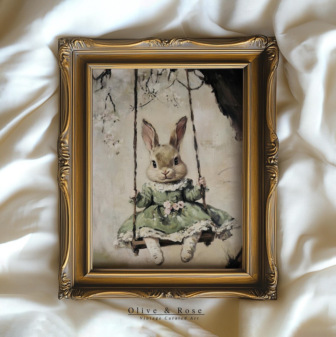 Bunny in Sage Green Dress on Tree Swing Vintage Easter Nursery Wall Art - Image 4